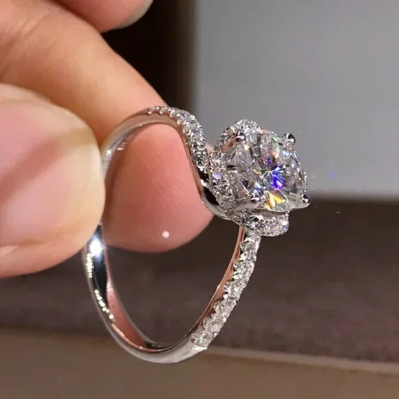 💍Beautiful CZ Diamond Twisted Macro Pave Silver Pure Flower Wedding Ring, K844